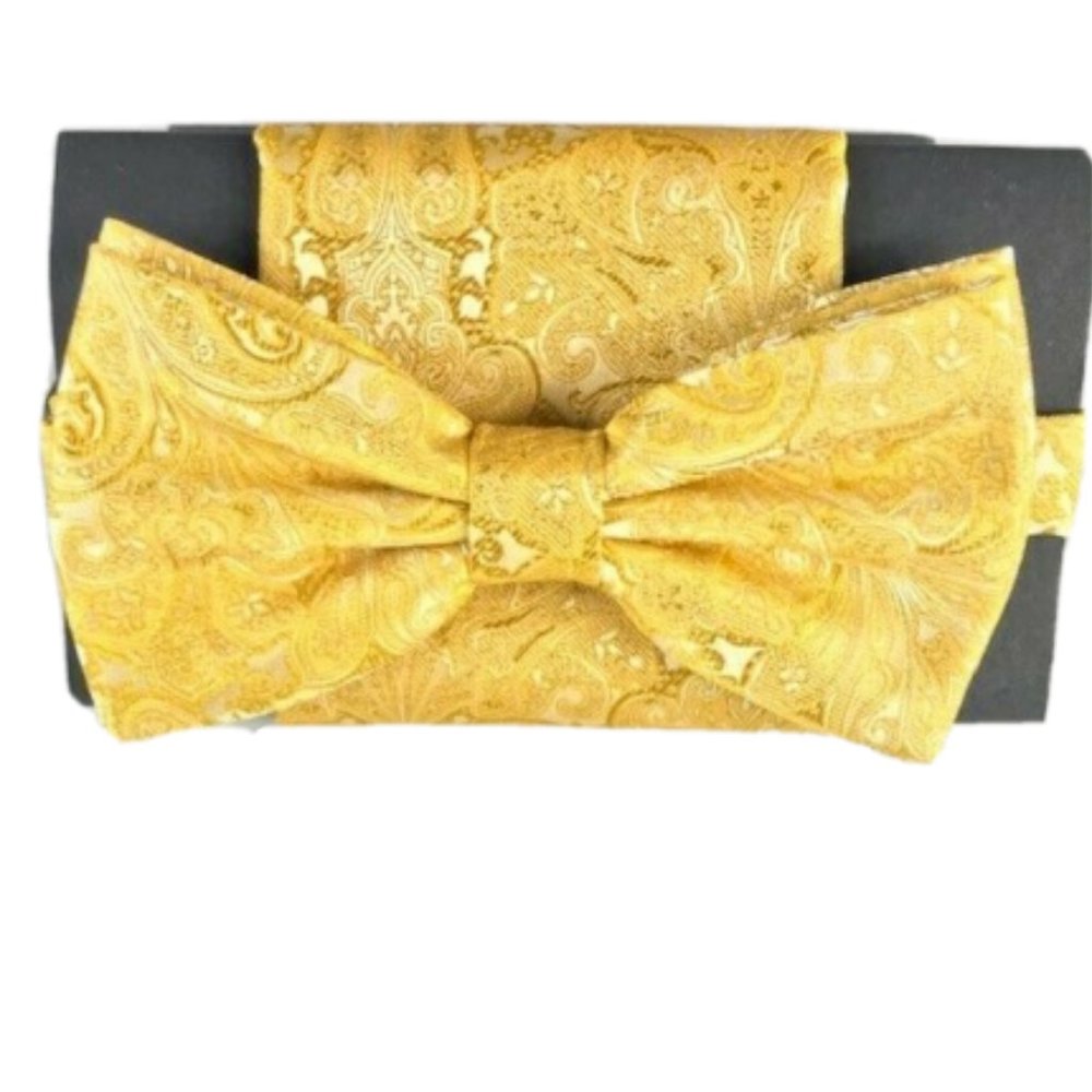 Steven Land Men's Bow Tie & Hanky Set Gold Paisley Micro-silk Hand Made